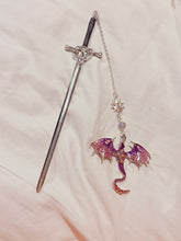 Load image into Gallery viewer, Enchanted Dragon Sword Bookmark – Purple Dragon Charm