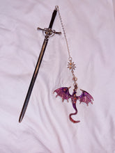 Load image into Gallery viewer, Enchanted Dragon Sword Bookmark – Purple Dragon Charm