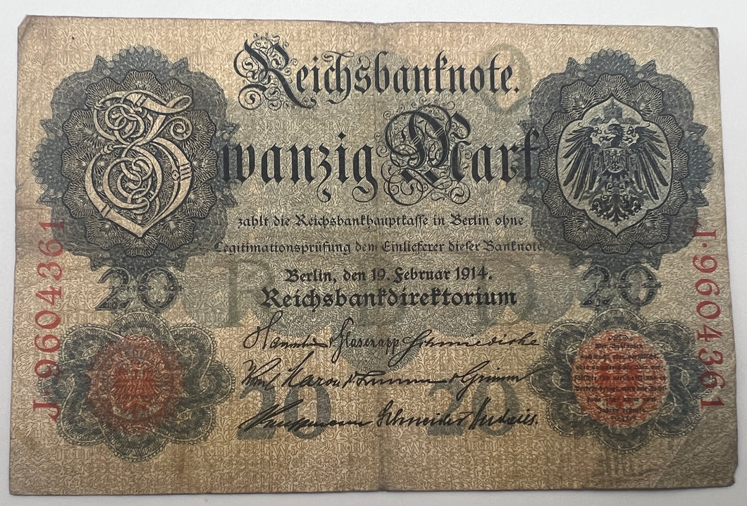 1906-14 Germany 20 Marks Reichsbanknote (Year may vary)