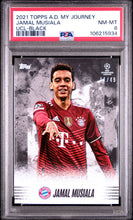 Load image into Gallery viewer, 2021 TOPPS ALPHONSO DAVIES MY JOURNEY CHAMPIONS LEAGUE JAMAL MUSIALA 1/49 PSA 8
