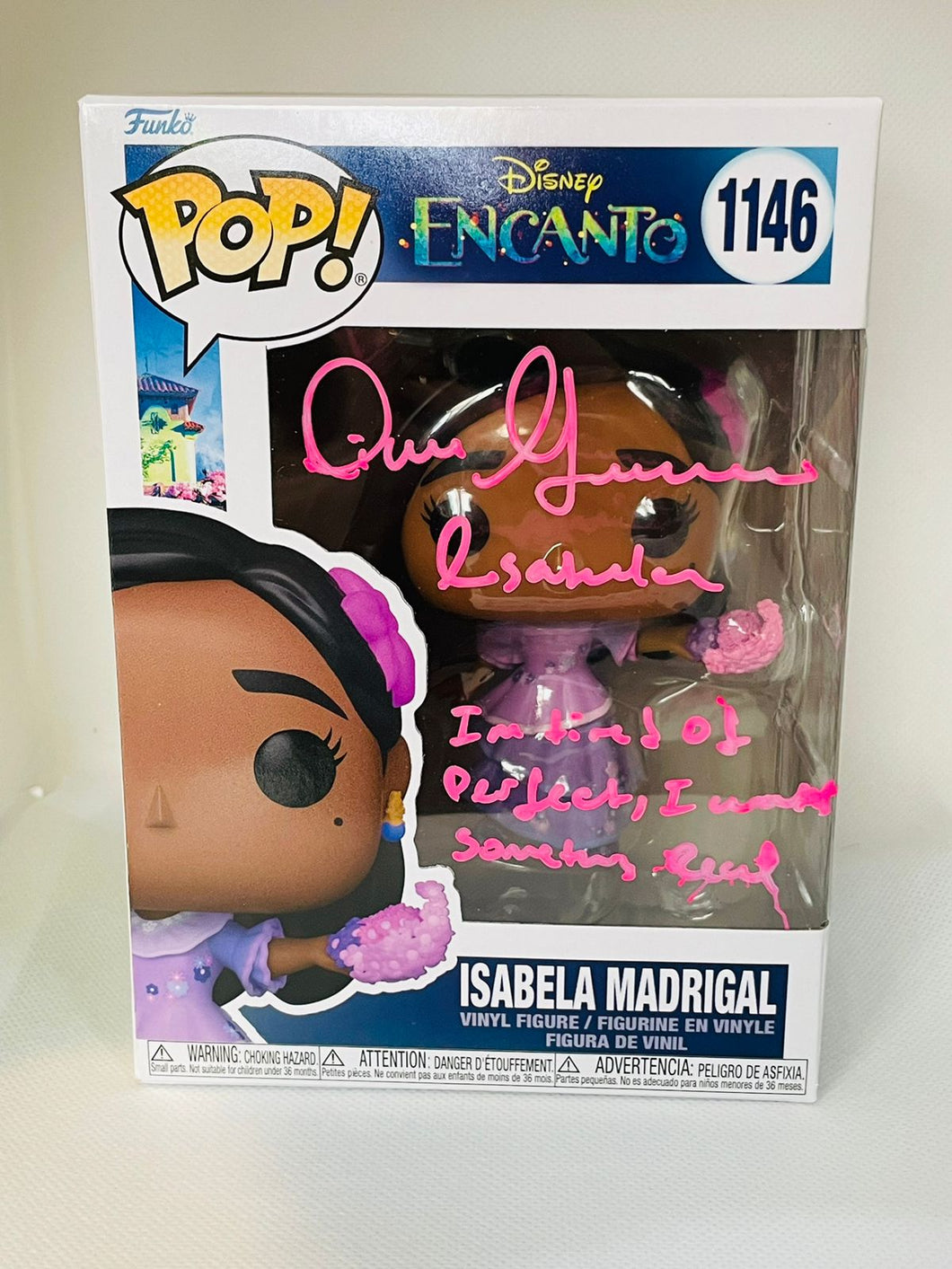 Isabela Madrigal 1146 Encanto Funko Pop signed by Diane Guerrero with quote in Pink paint Pen
