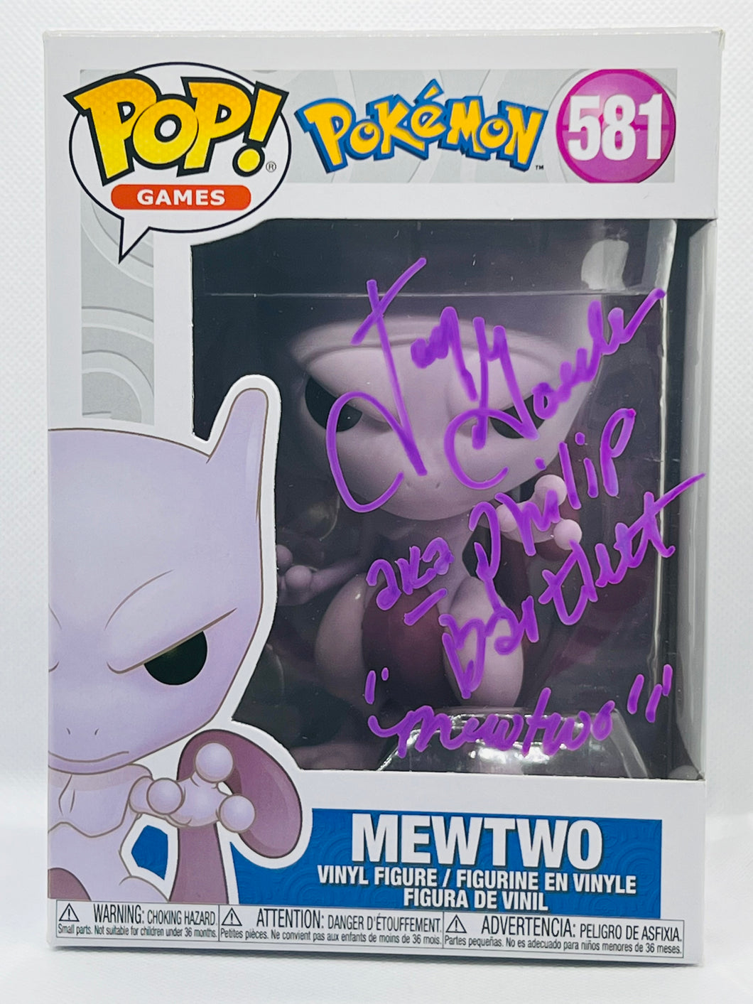 Mewtwo 581 Pokemon Funko Pop Signed by Jay Goede / aka Philip Bartlett in purple paint pen with character name