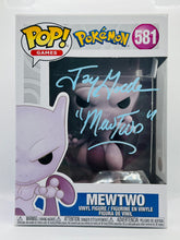 Load image into Gallery viewer, Mewtwo 581 Pokemon Funko Pop Signed by Jay Goede in light blue paint pen with character name
