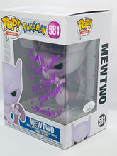 Load image into Gallery viewer, Mewtwo 581 Pokemon Funko Pop Signed by Jay Goede / aka Philip Bartlett in purple paint pen with character name
