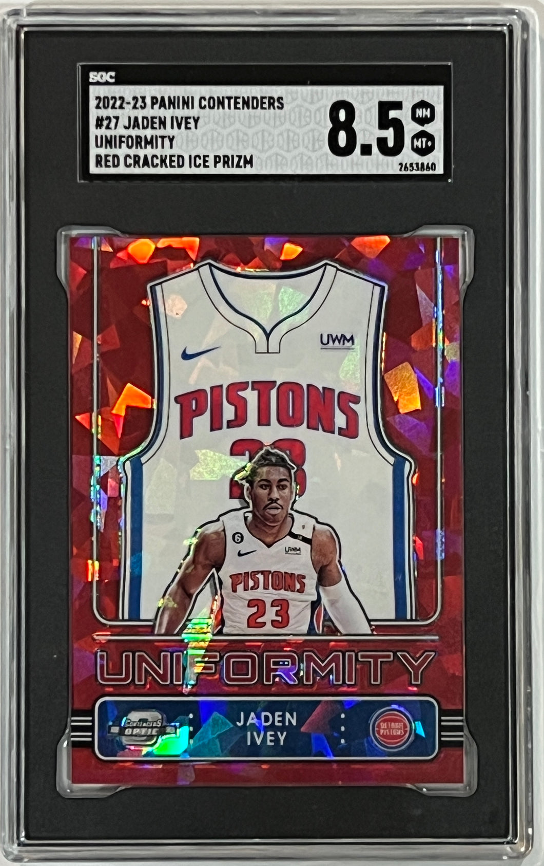 2022-23 Contenders Optic Uniformity Red Cracked Ice Prizm Jaden Ivey RC SGC 8.5