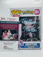 Load image into Gallery viewer, Mewtwo 581 Pokemon Funko Pop Signed by Jay Goede in light blue paint pen with character name
