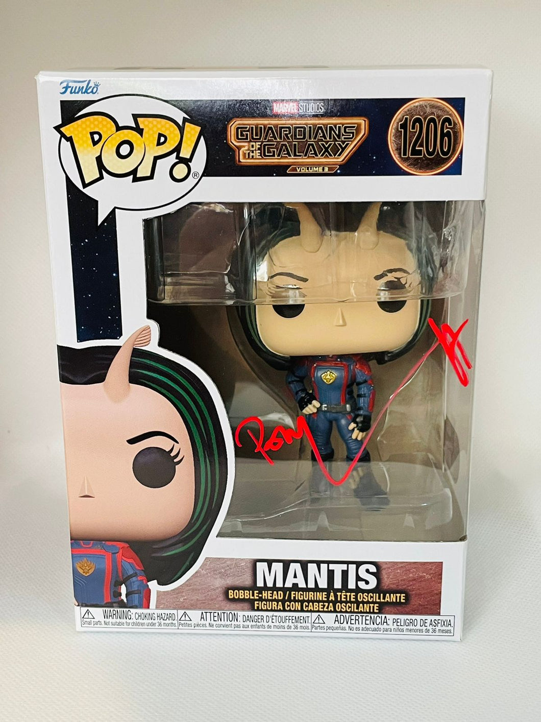 Mantis 1206 Guardians of the Galaxy Volume 3 Funko Pop signed by Pom Klementieff in red paint pen