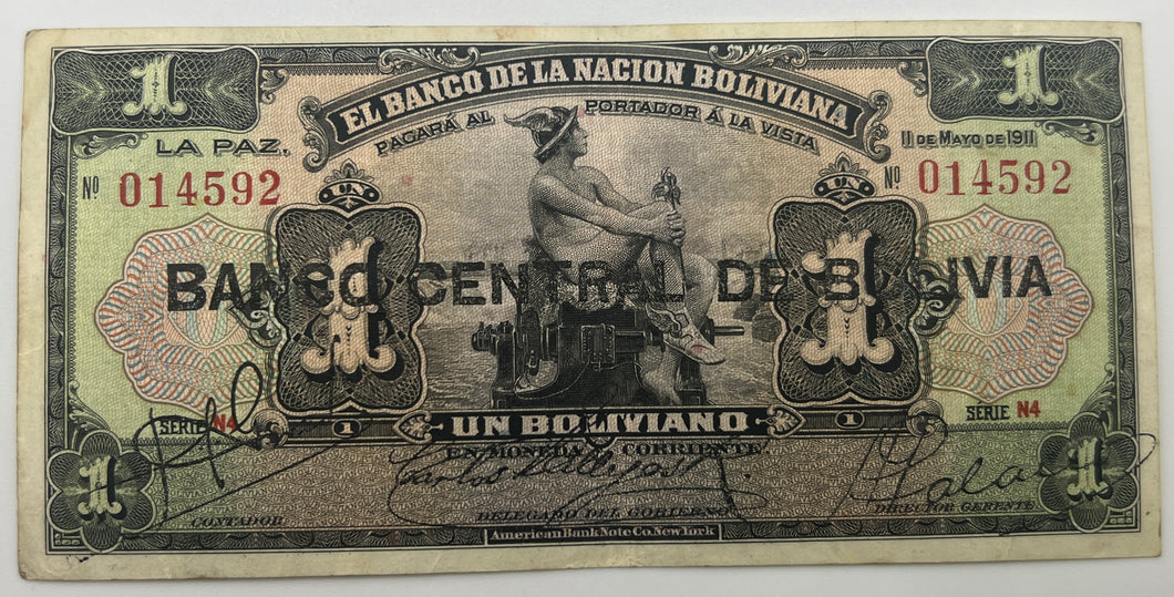 Bolivia, 1 Bolivano, 1911 (1929), VF Black Overprint