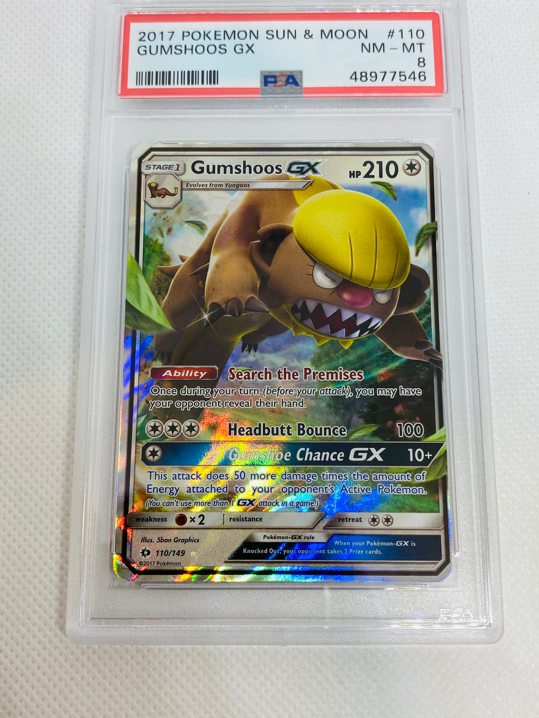 Graded Pokemon Card - 2017 pokemon sun and moon Gumshoos GX PSA 8